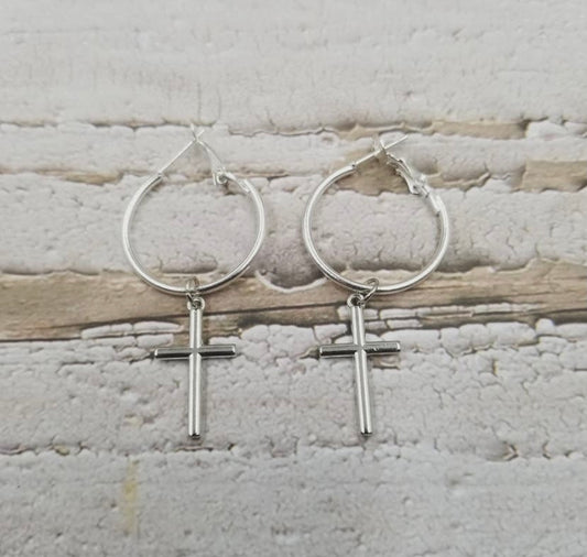 Silver cross drop earrings