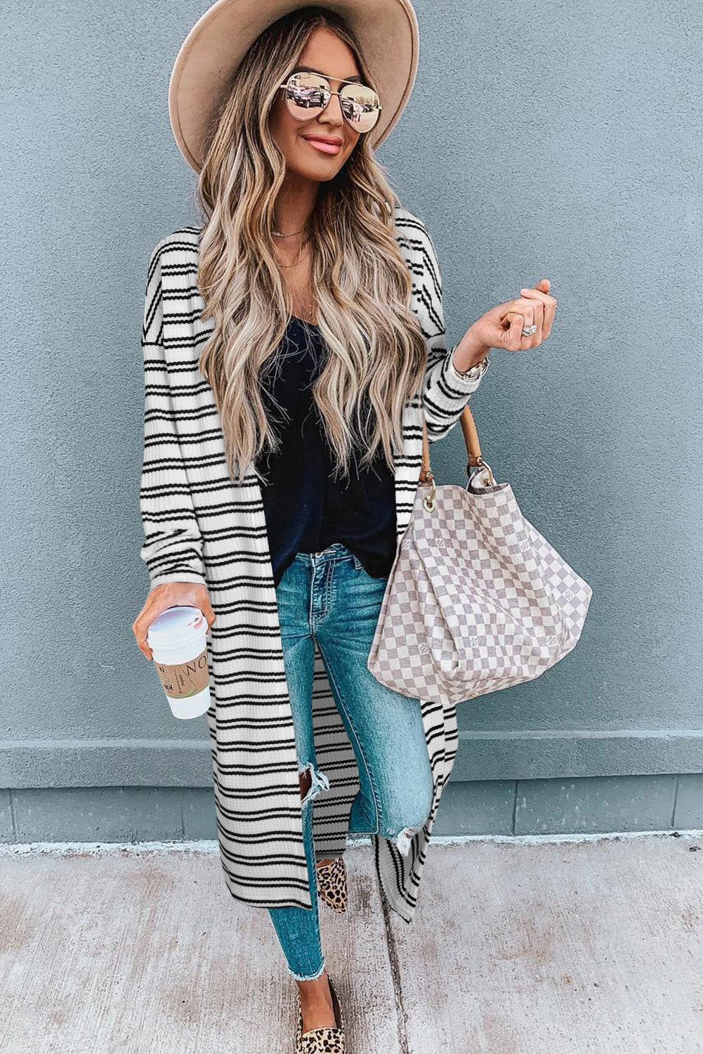 Black Stripe Print Open Front Cardigan