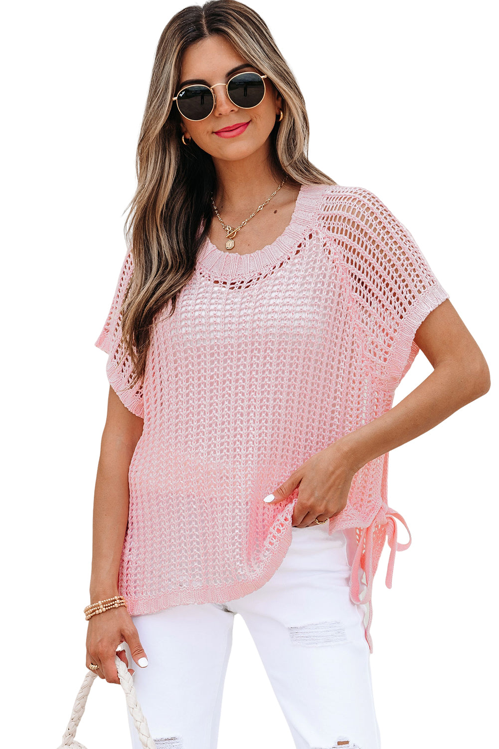 Pink Hollow-out Crochet Side Tied Short Sleeve Sweater