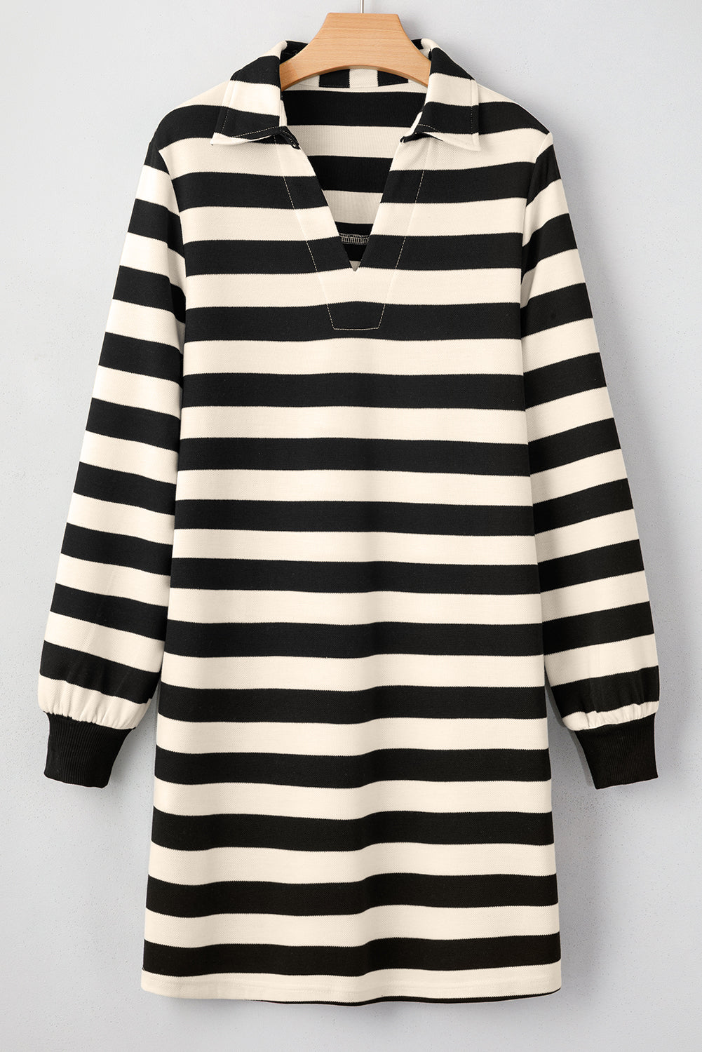 Black Stripe Collared V Neck Long Sleeve Loose Casual Dress