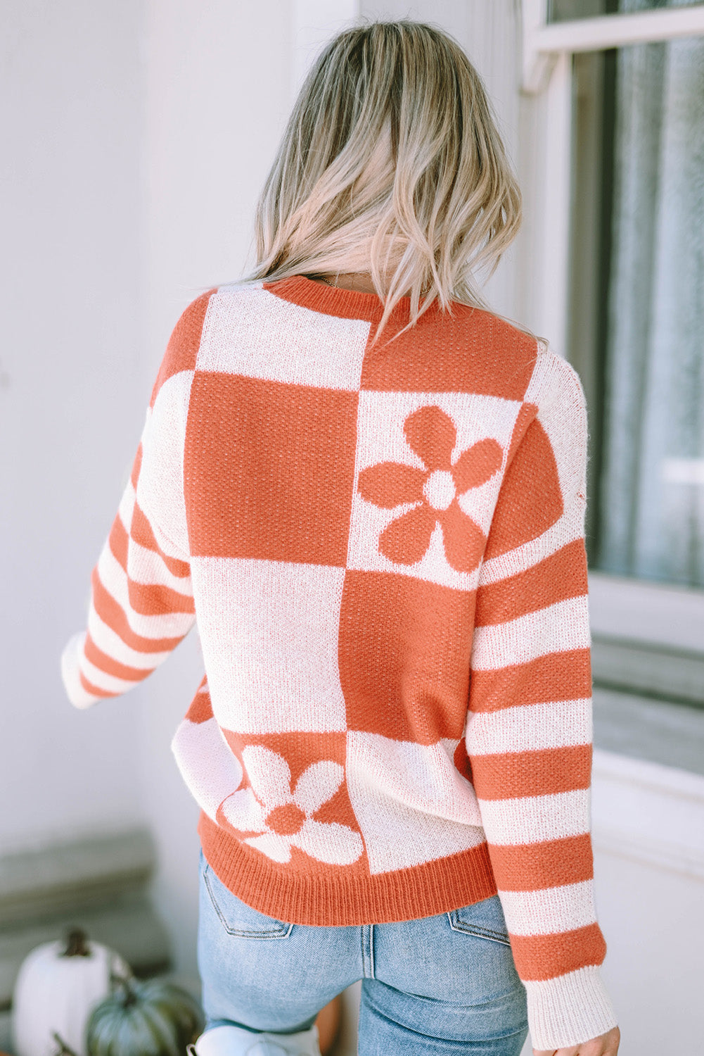 Orange Checkered Floral Sweater