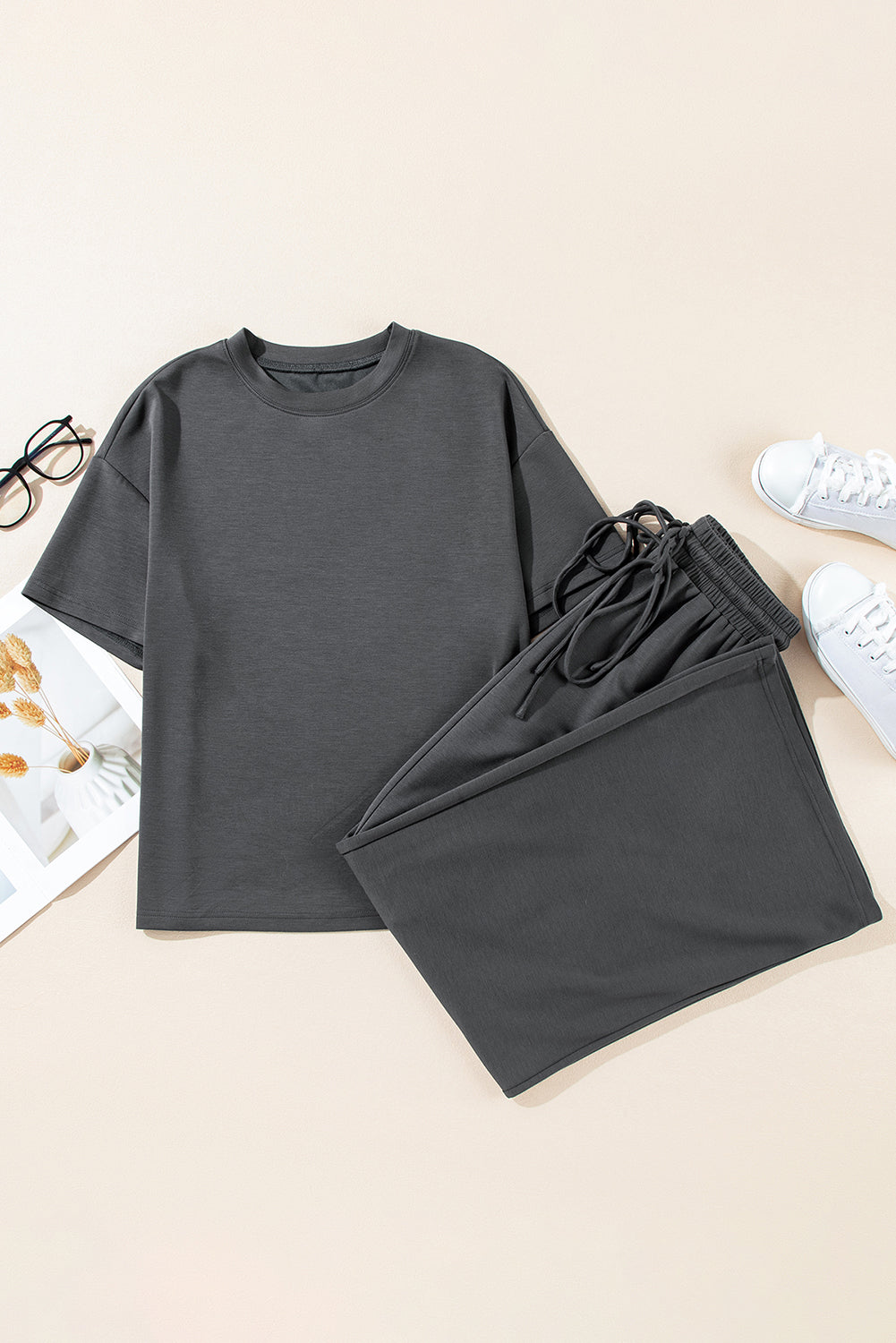 Dark Grey Drawstring Side Crewneck Tee and Loose Pants Set