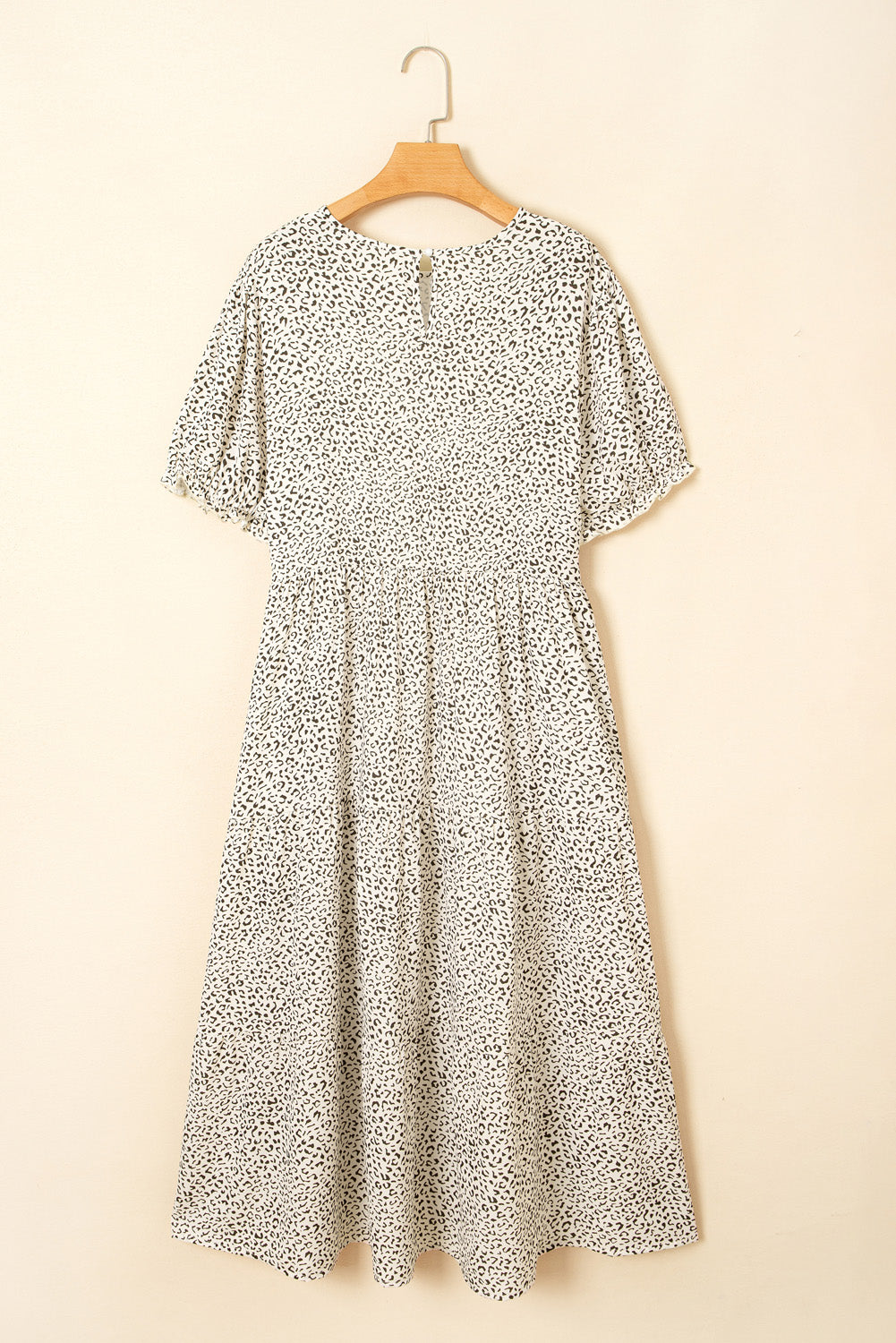 Beige Plus Size Leopard Print Frill Trim Short Sleeve Flared Dress