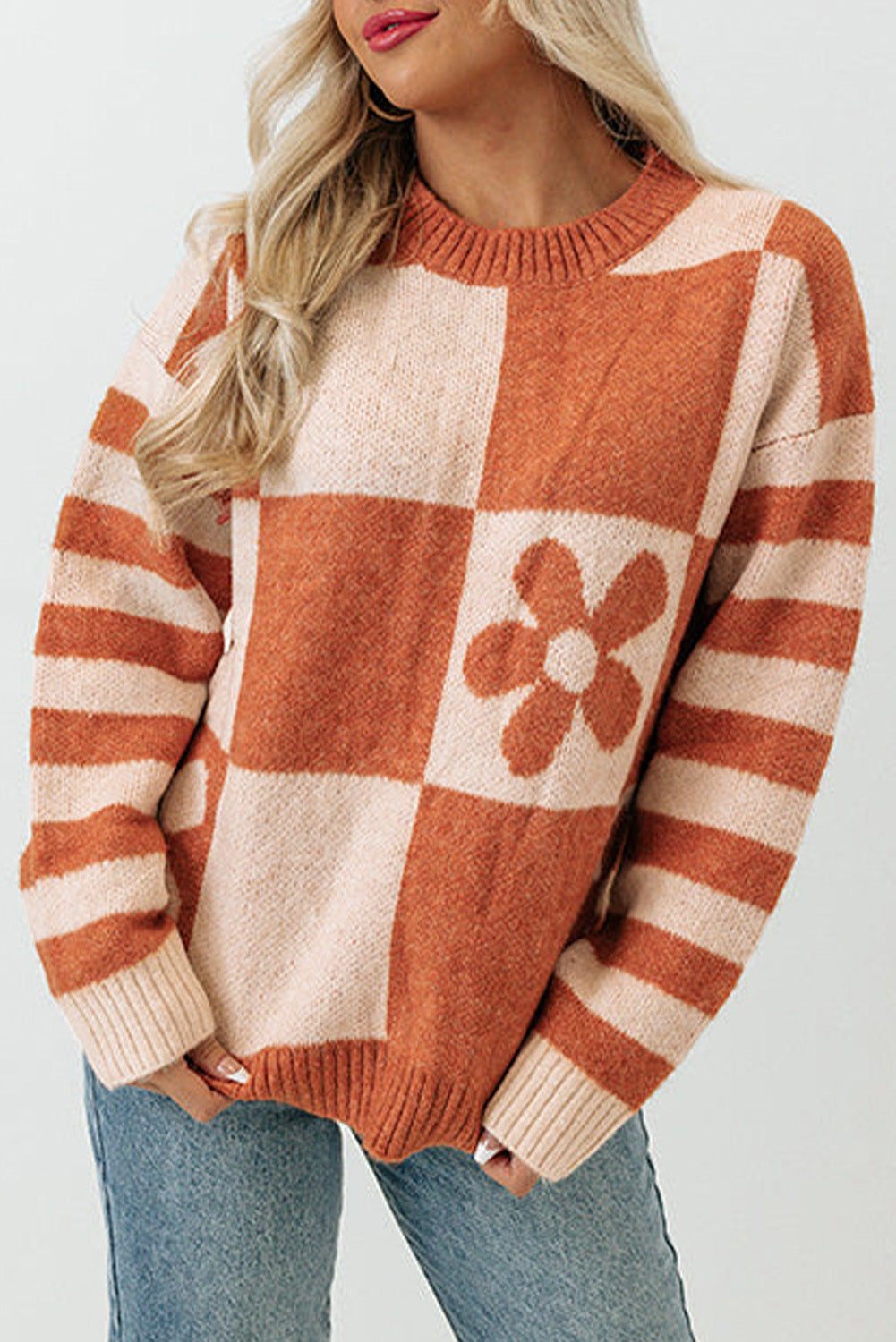 Orange Checkered Floral Sweater