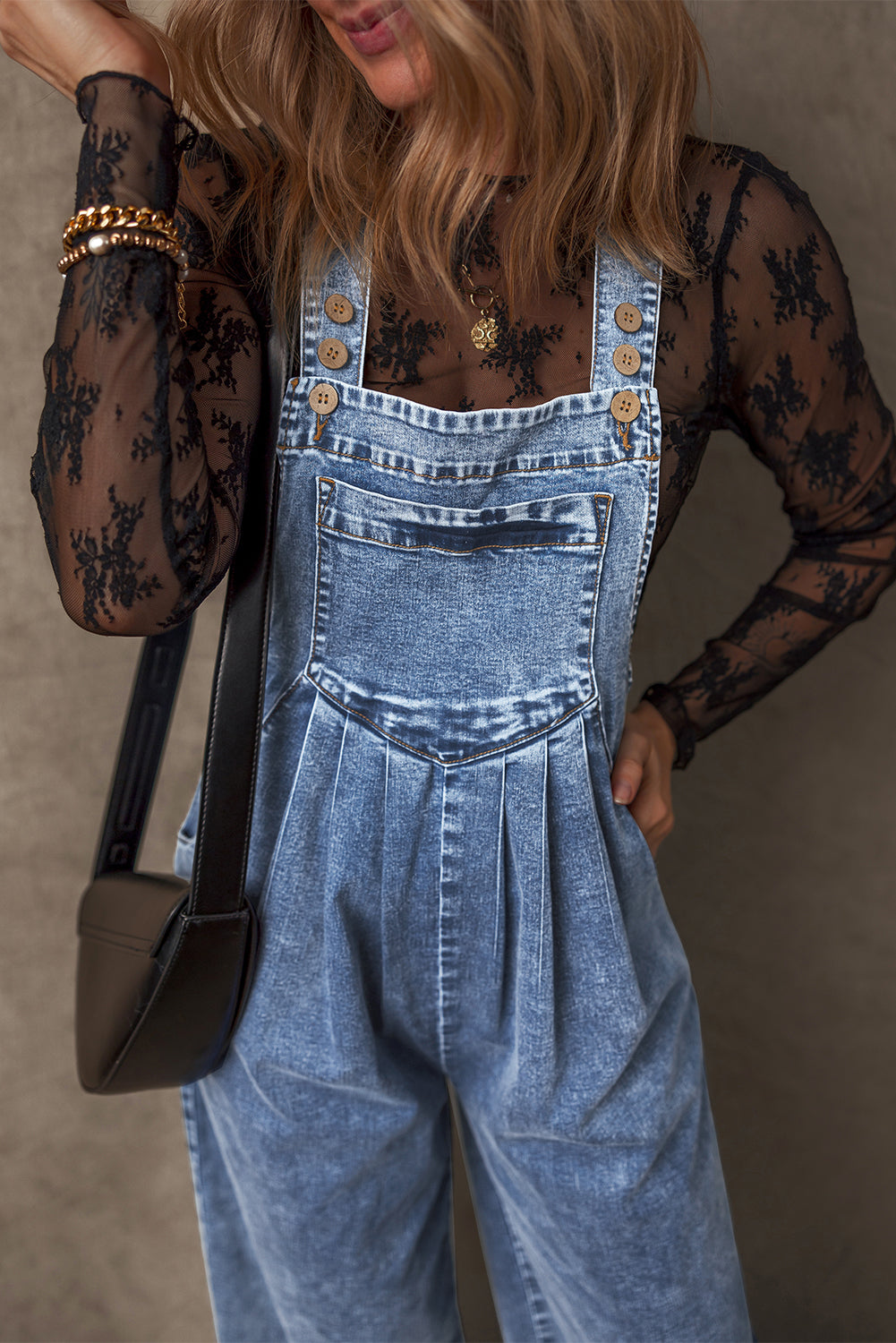 Light Blue Mineral Wash Buttoned Straps Wide Leg Denim Overalls