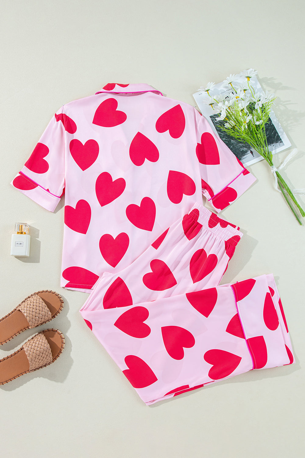 Pink Classic Heart Short Sleeve Pants Pajamas Set