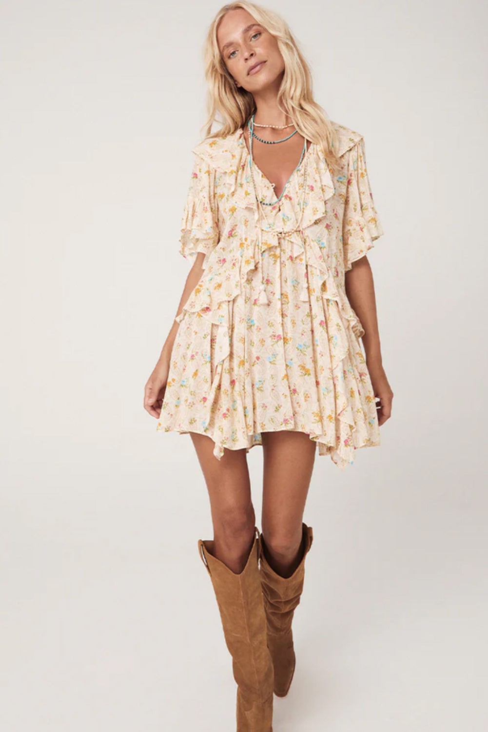 Apricot Boho Floral Tassel Tie V Neck Ruffle Wide Sleeve Mini Dress