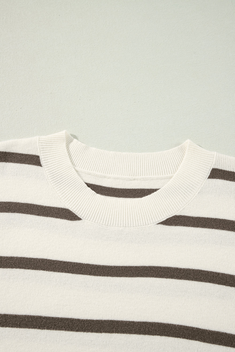 Brown Stripe Side Slits Crewneck Short Sleeve Sweater Tee