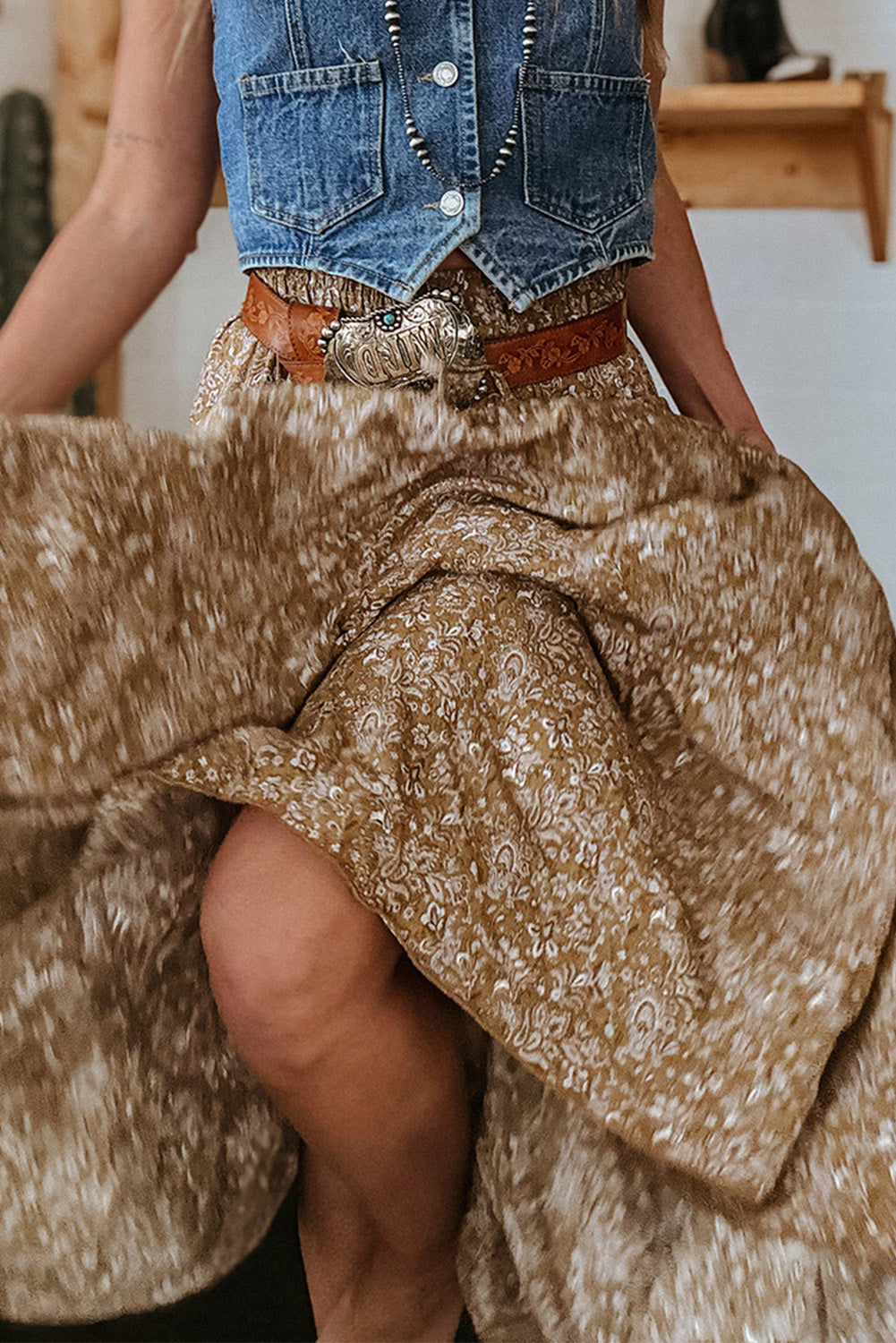 Brown Western Floral Print Maxi Skirt