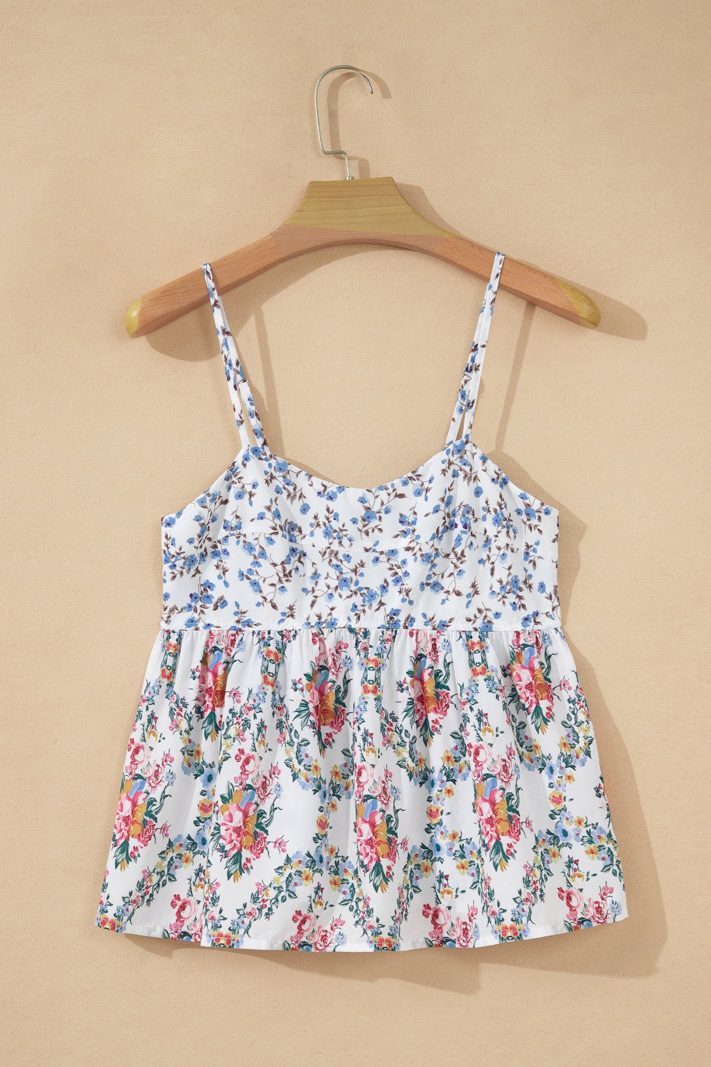 White Contrast Floral Printed Patchwork Spaghetti Straps Babydoll Top