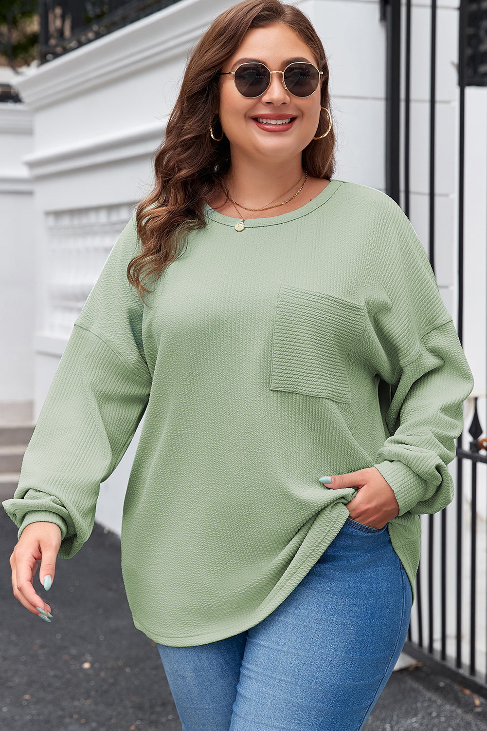 Aqua Plus Size Corded Knit Pocketed Crew Neck Top