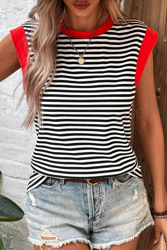 Black Stripe Colorblock Edge Round Neck Tank Top