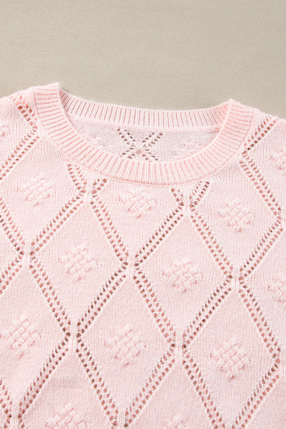 Pink Openwork Plaid Puff Sleeve Cropped Sweater