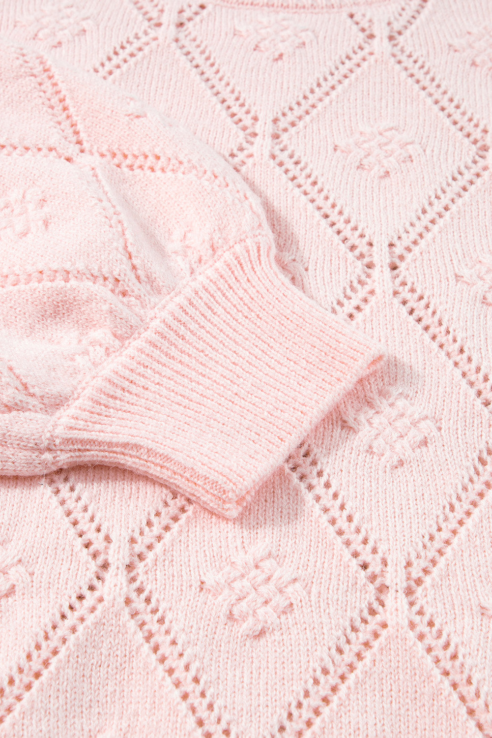 Pink Openwork Plaid Puff Sleeve Cropped Sweater