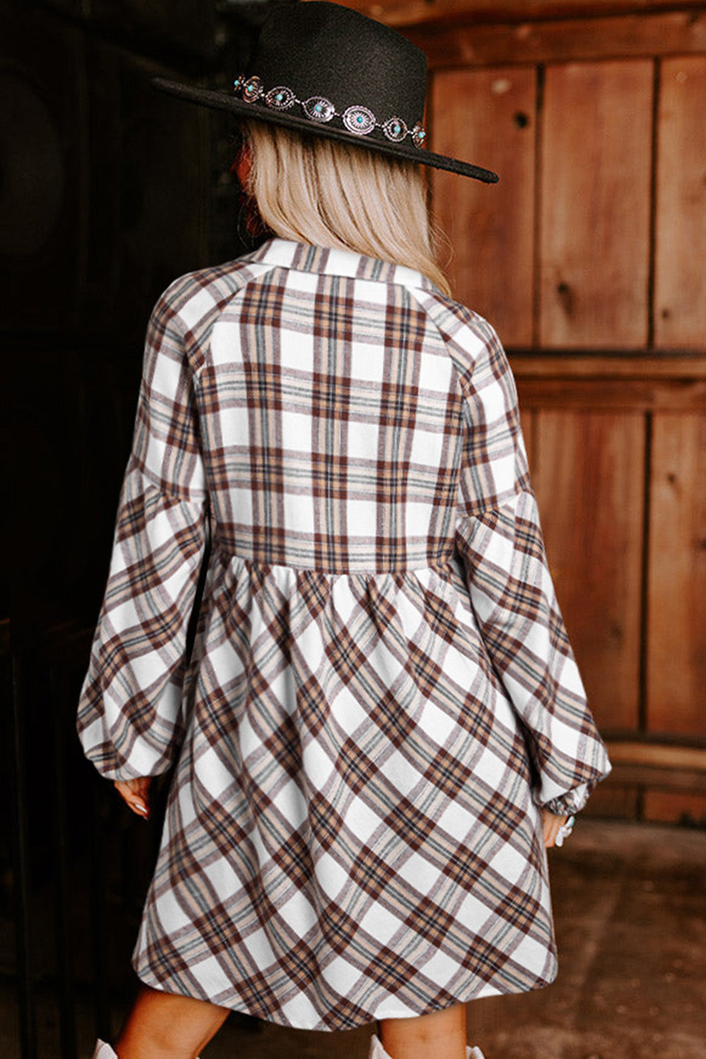 Flannel Bubble Sleeve Flowy Shirt Dress