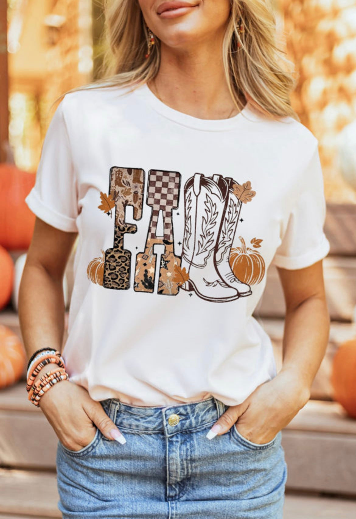 White FALL Letter Print Western Thanksgiving Graphic T-shirt