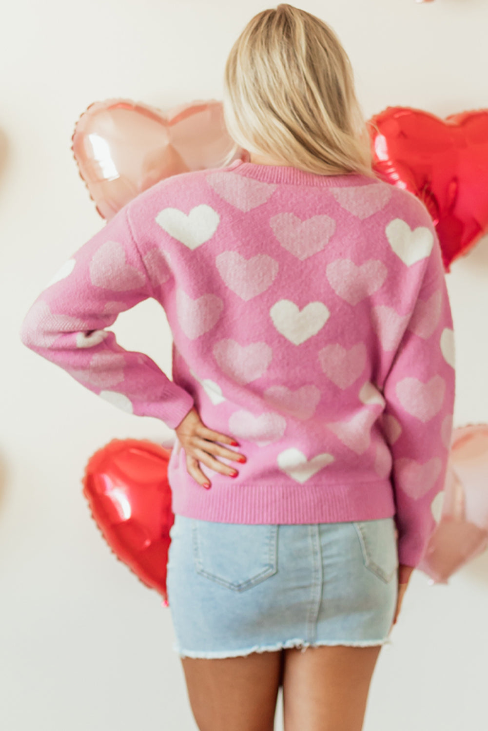 Pink Pearled Heart Print Crew Neck Sweater