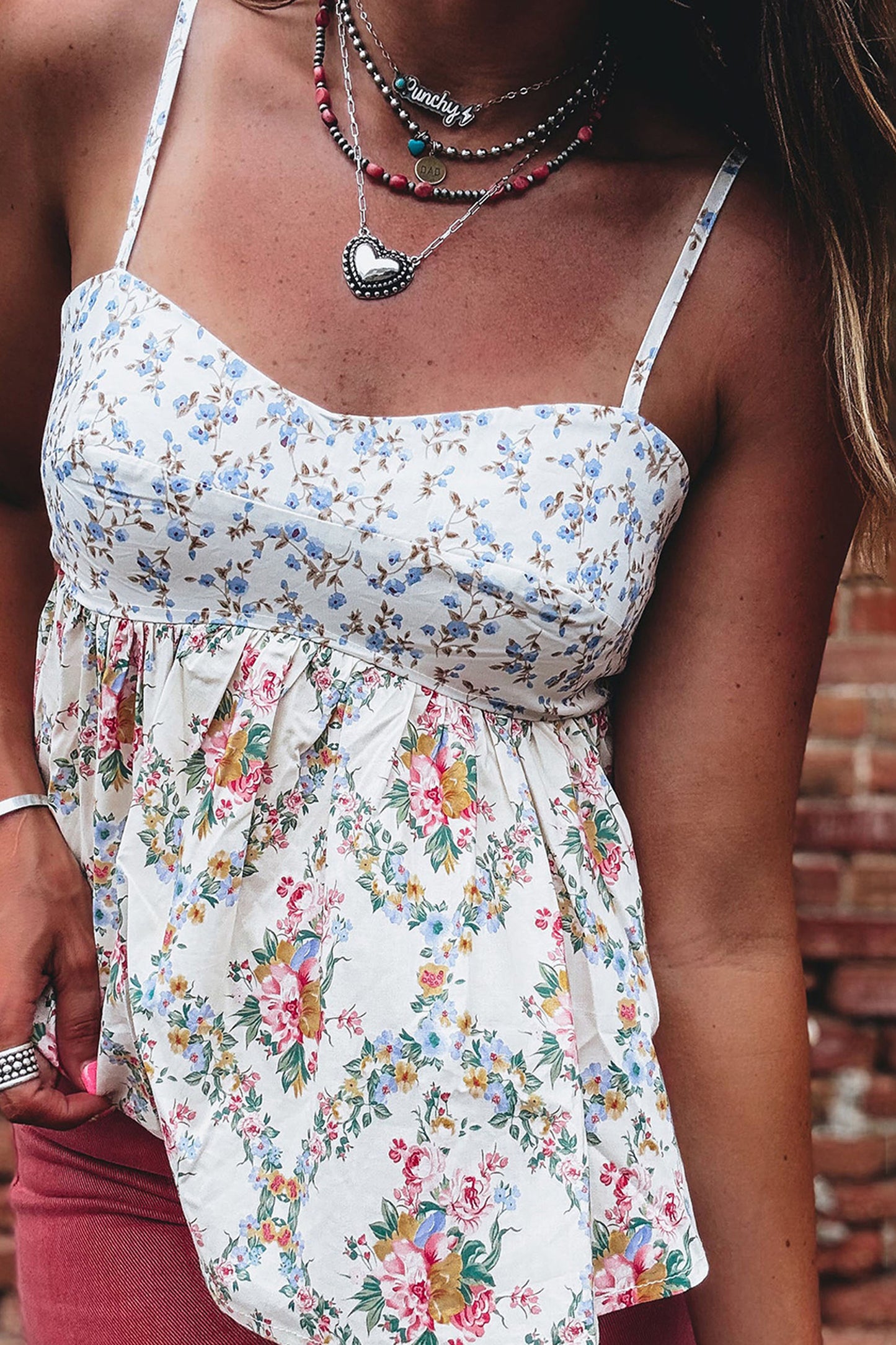 White Contrast Floral Printed Patchwork Spaghetti Straps Babydoll Top