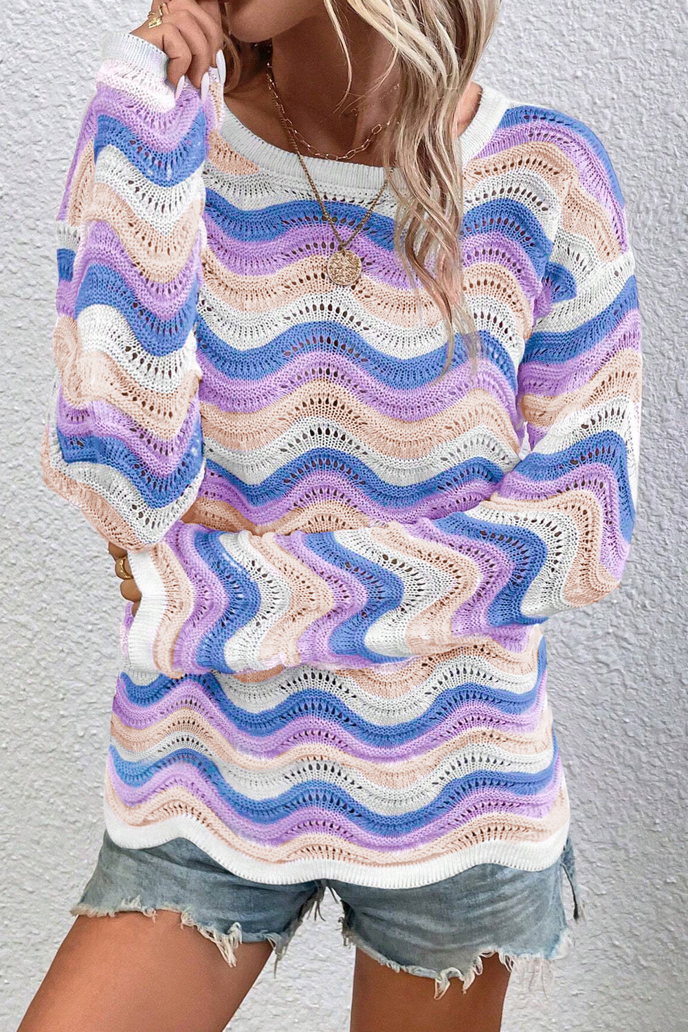 Purple Wavy Knit Drop Shoulder Sweater