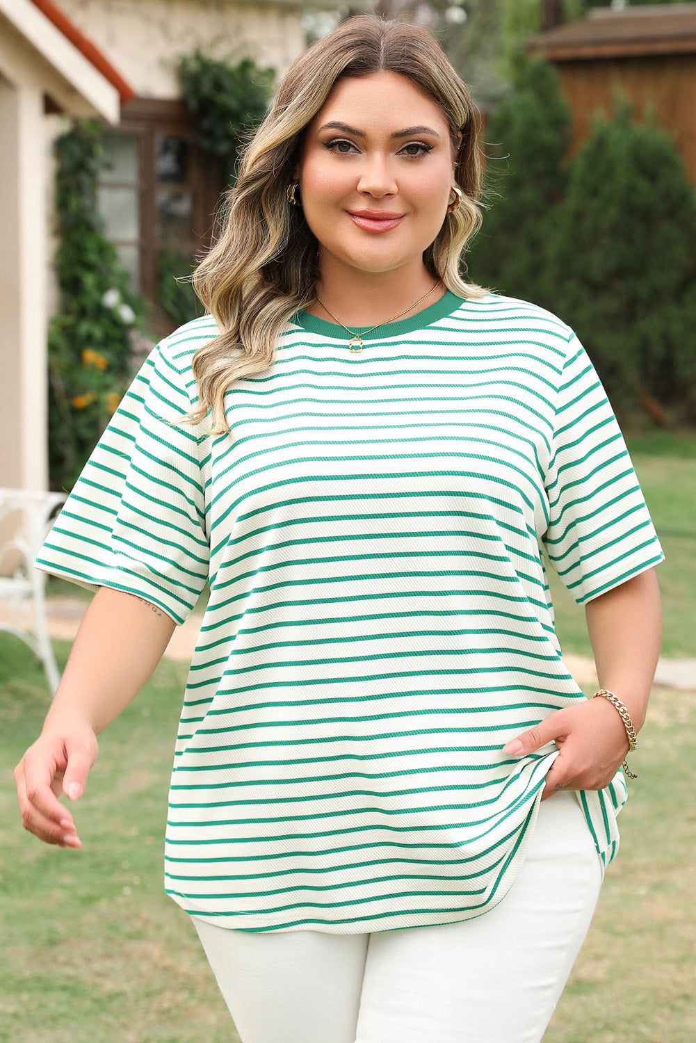 Green Stripe Plus Size Round Neck T Shirt