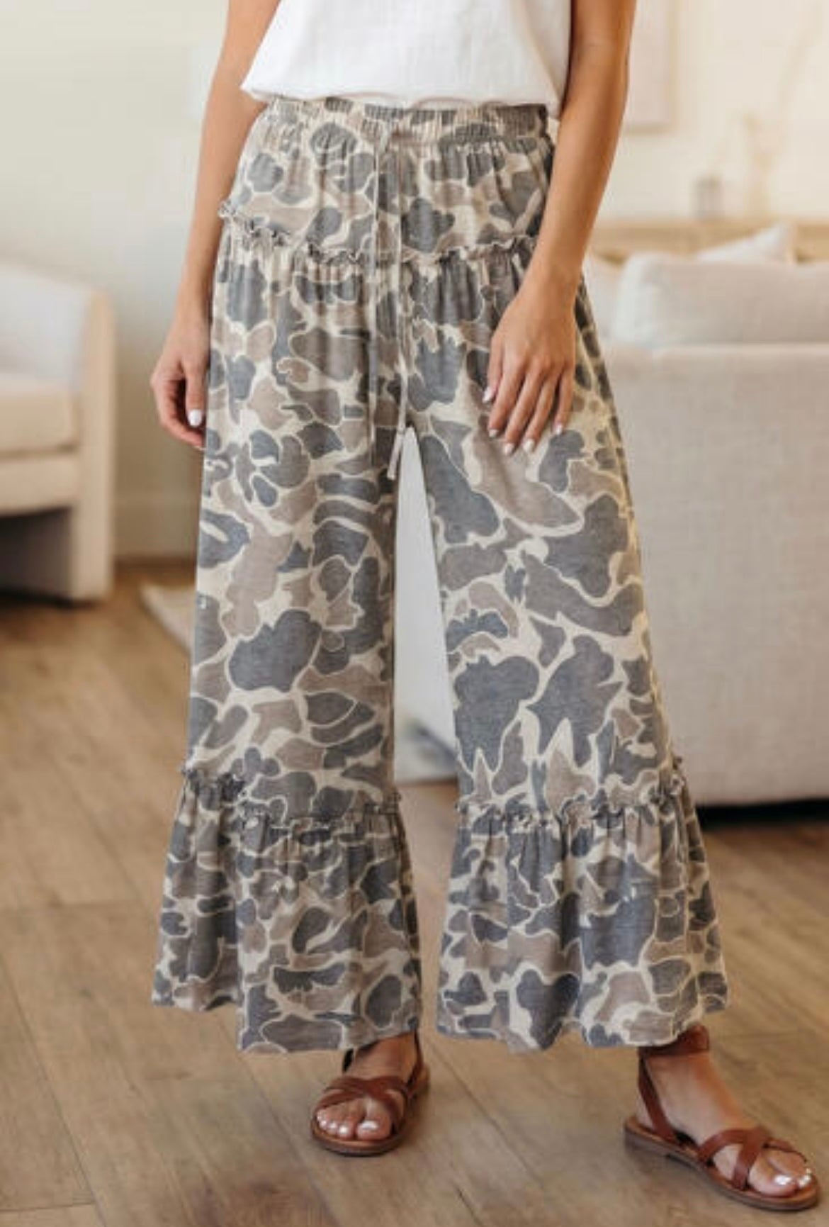 Multicolor Camo Print Wide Leg Casual Pants