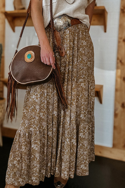 Brown Western Floral Print Maxi Skirt