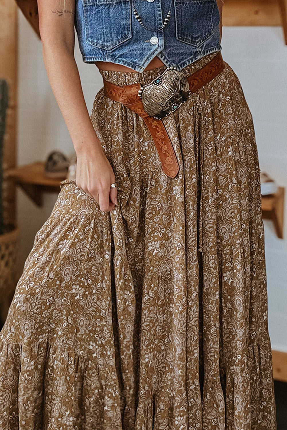 Brown Western Floral Print Maxi Skirt
