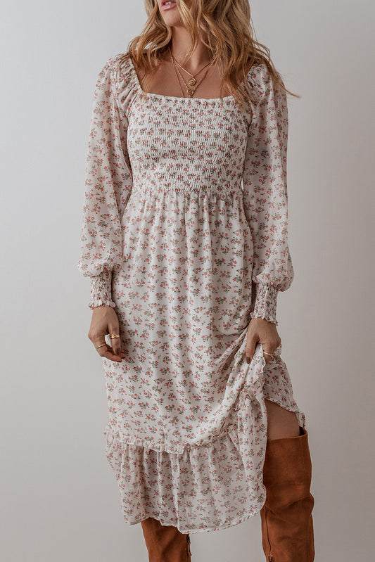 White Floral Print Midi Dress