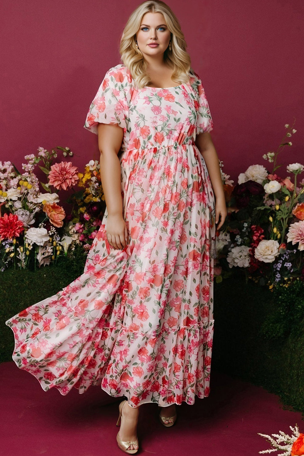 Pink Plus Size Square Neck Maxi Dress