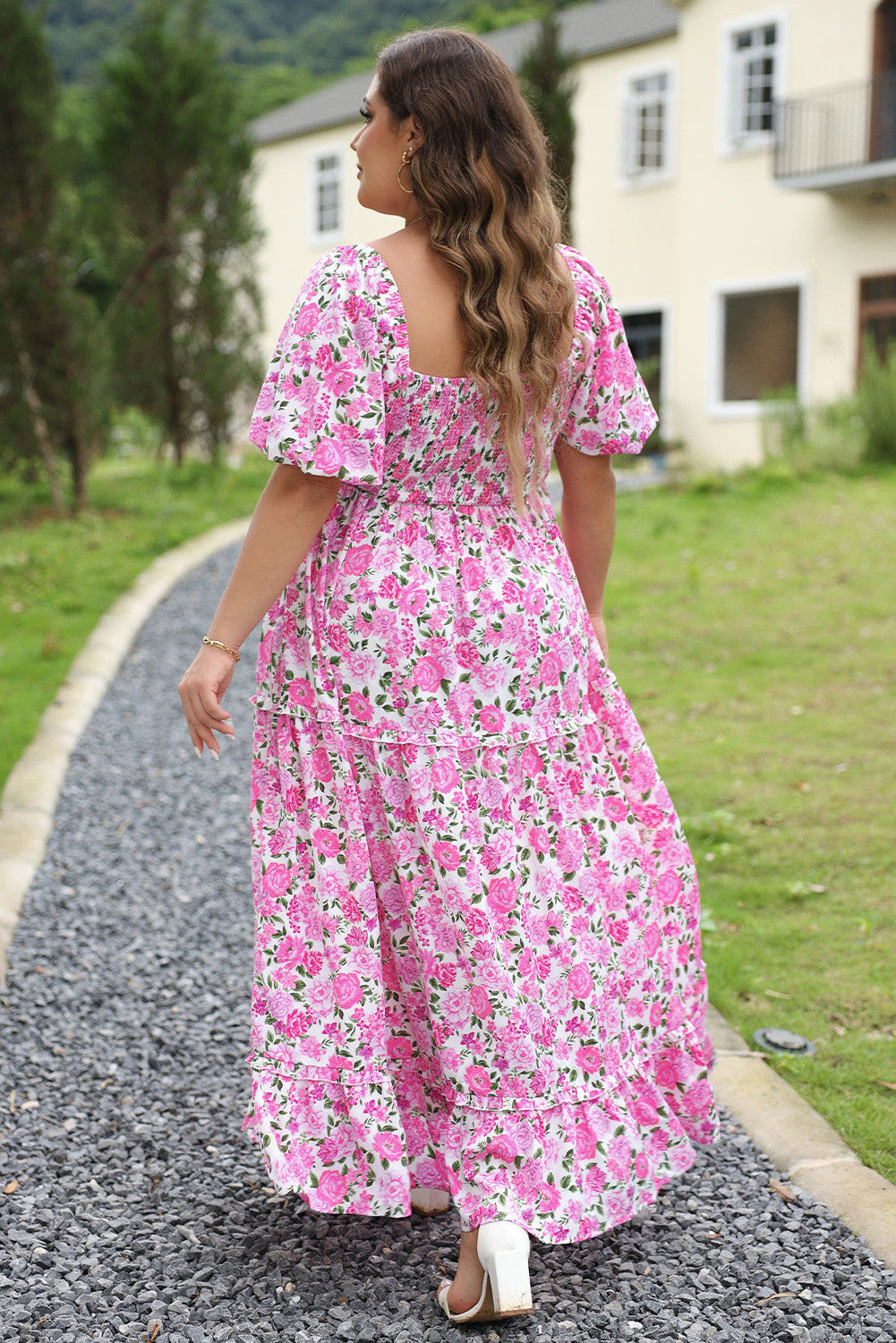 Pink Plus Size Floral Print Smocked Puff Sleeve Dress