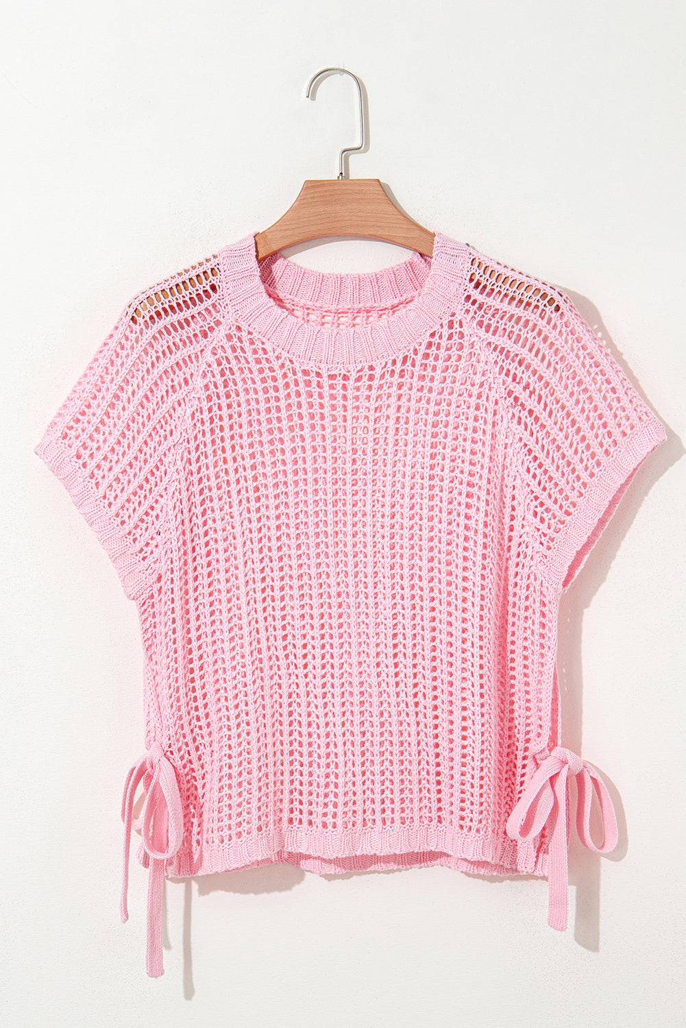 Pink Hollow-out Crochet Side Tied Short Sleeve Sweater
