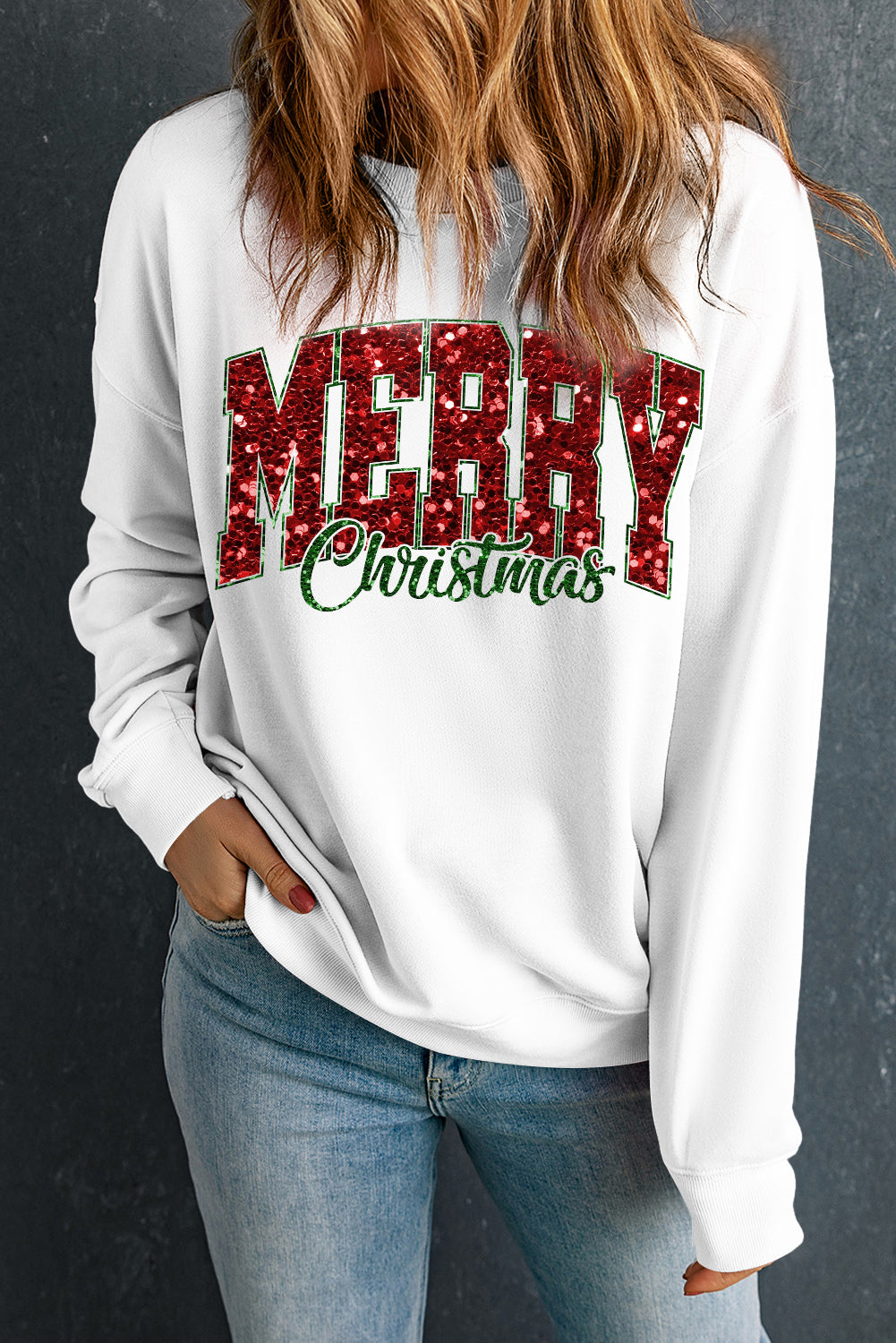 White MERRY Christmas Graphic Crewneck Pullover Sweatshirt