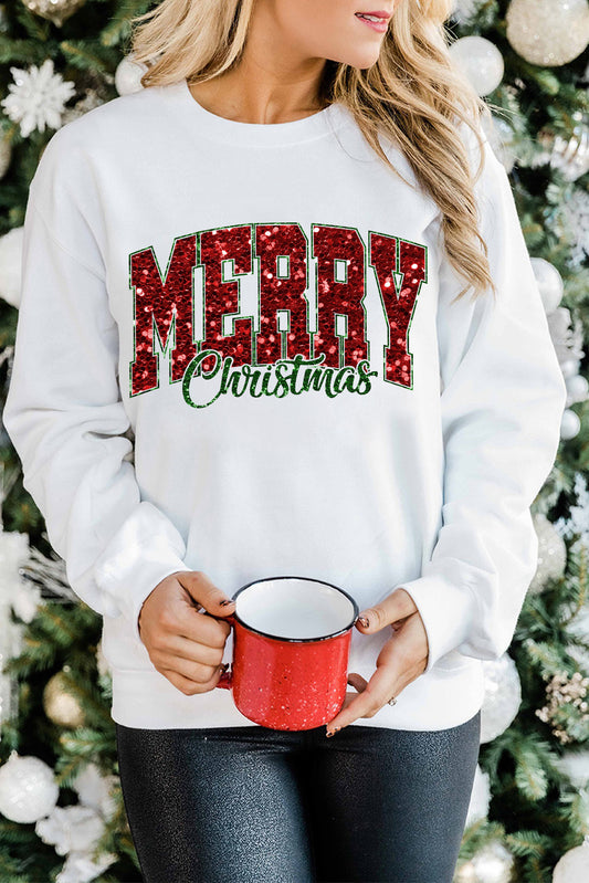 White MERRY Christmas Graphic Crewneck Pullover Sweatshirt