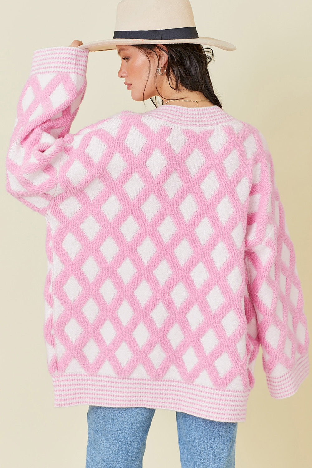 Pink Rhombus Pattern Knit Open Front Pocketed Cardigans