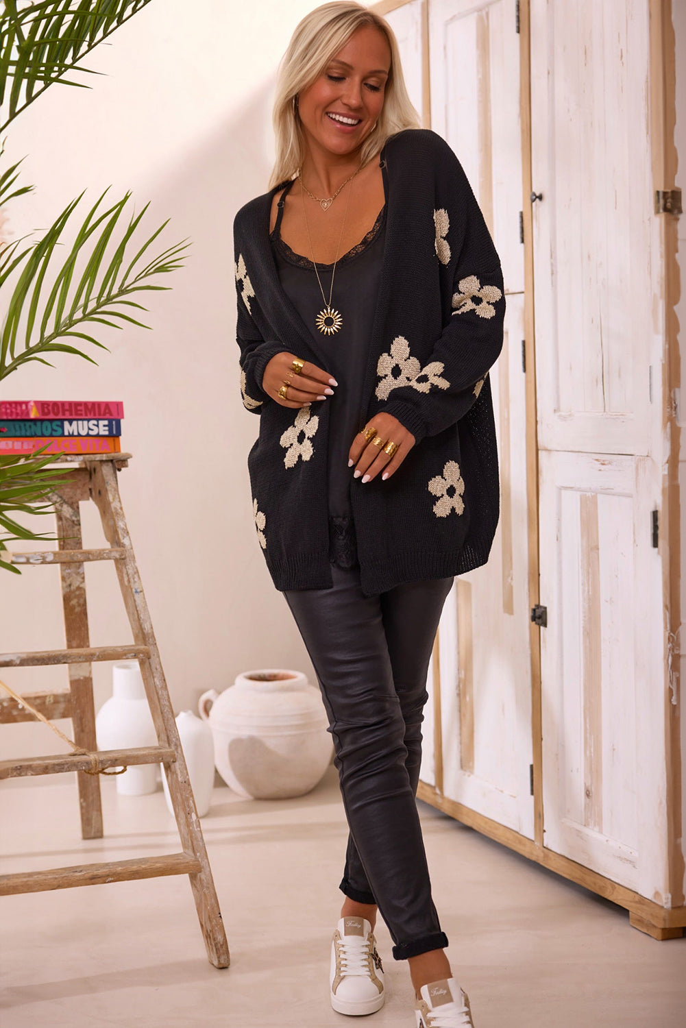 Black Floral Print Cardigan