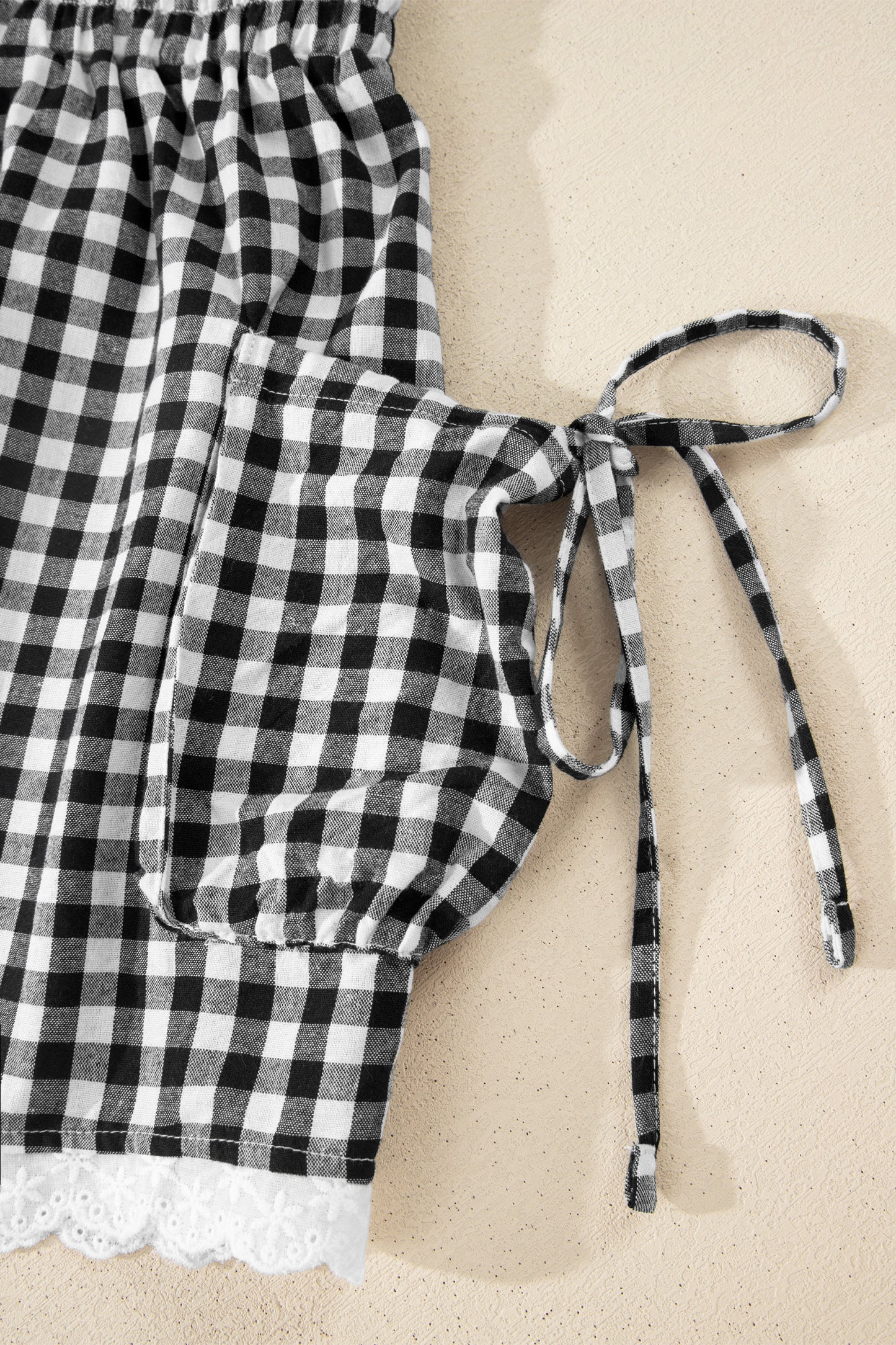 Black Gingham Lace Trim Shorts with Pouch Pockets
