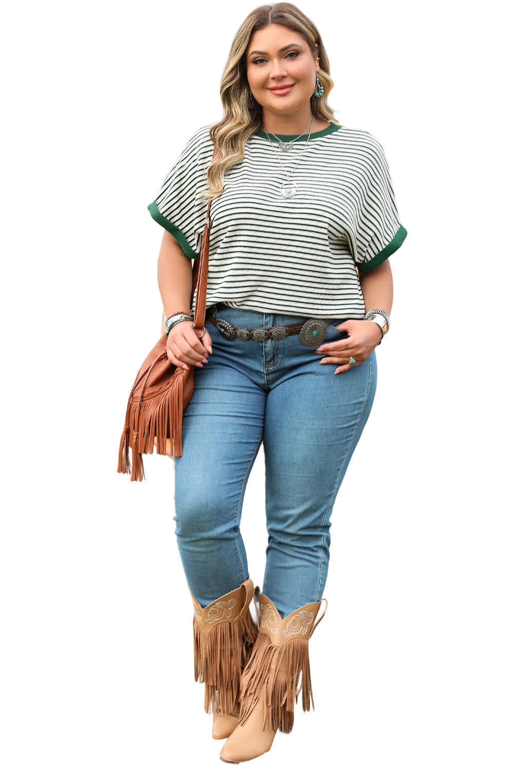 Green Stripe Trimmed Round Neck Plus Size Boxy Fit T-shirt