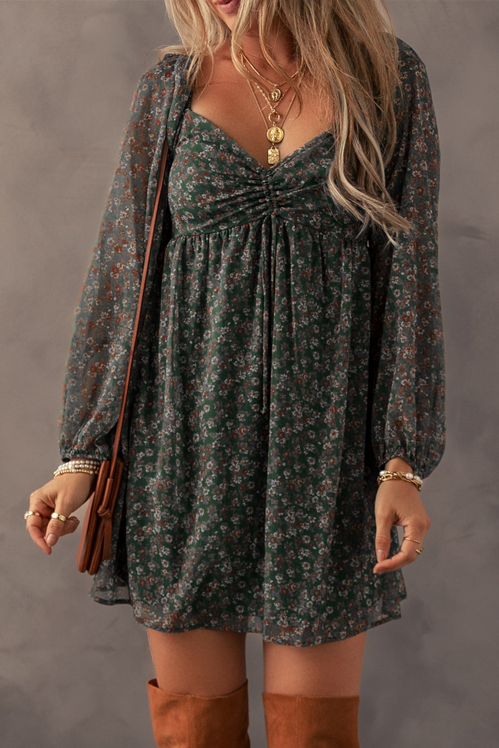 Green Fall Floral Mini Dress