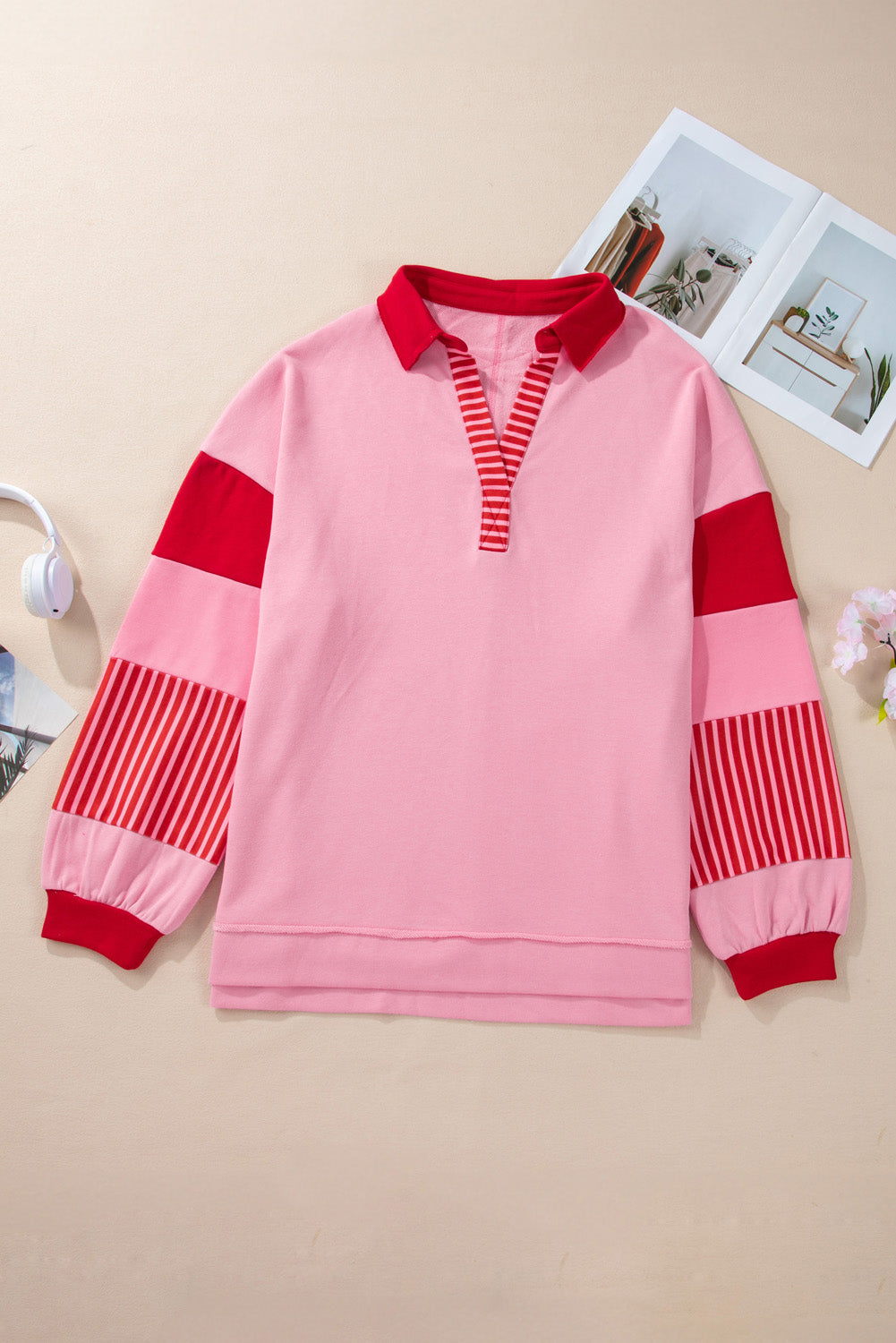 Rose Striped Patchwork Side Split Collared Plus Size Sweatshirt