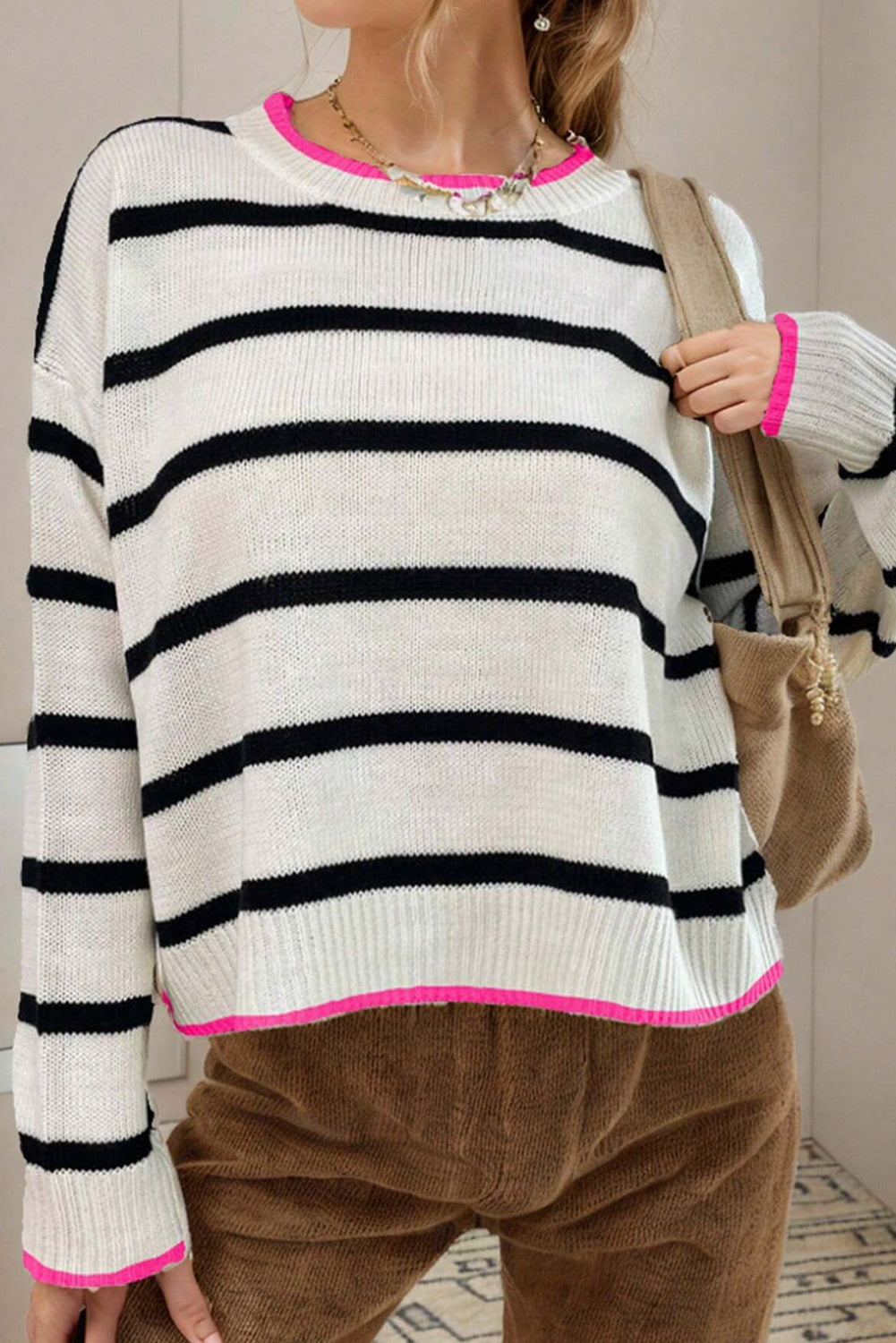 White Stripe Color Contrast Drop Shoulder Crew Neck Sweater