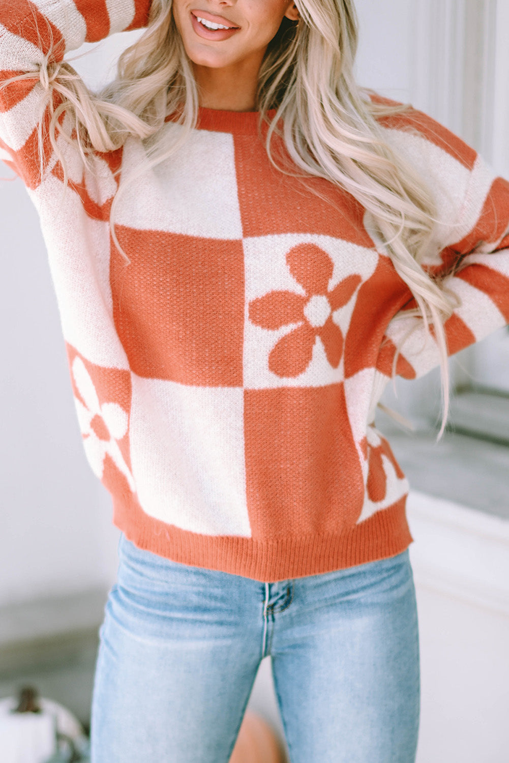 Orange Checkered Floral Sweater