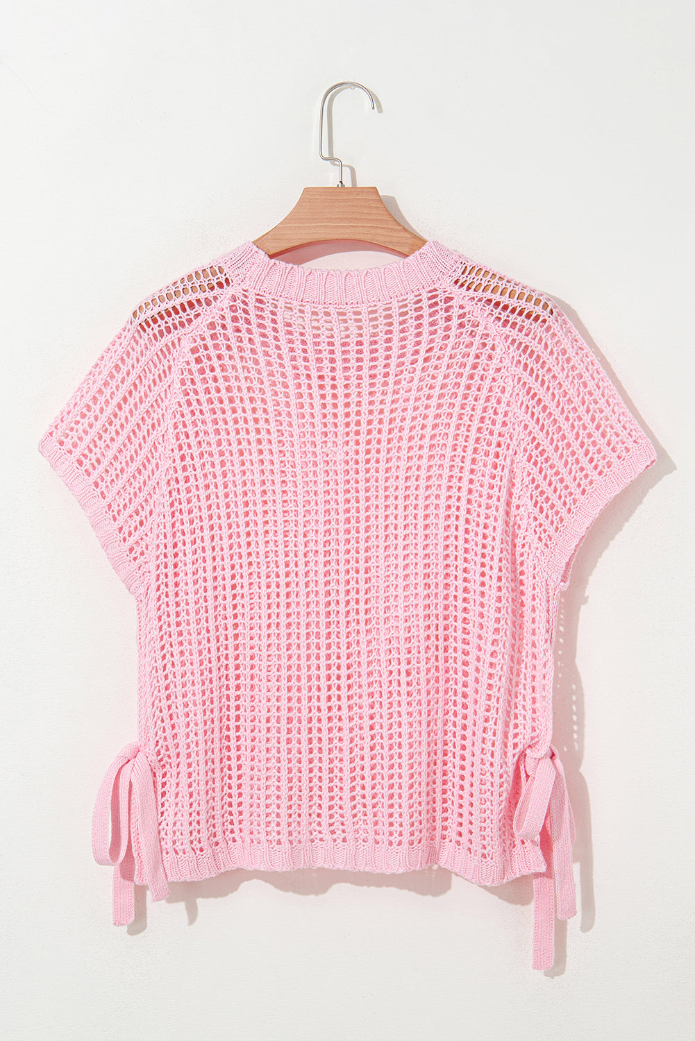 Pink Hollow-out Crochet Side Tied Short Sleeve Sweater