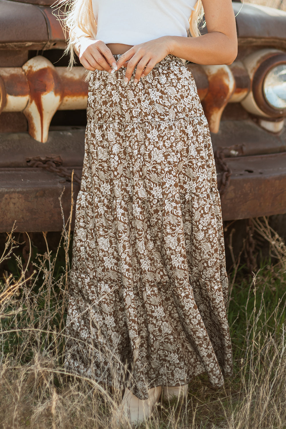 Brown Western Floral Print Maxi Skirt
