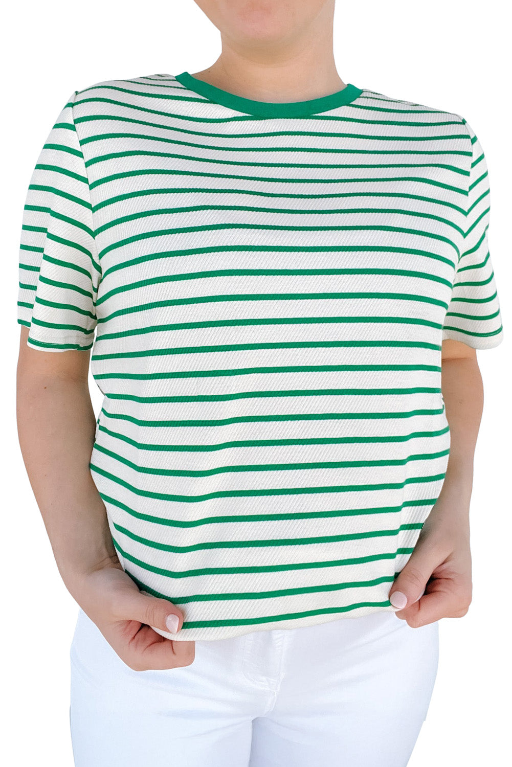 Green Stripe Plus Size Round Neck T Shirt