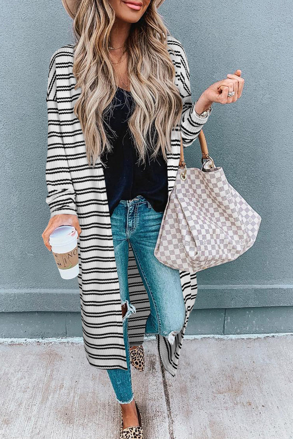 Black Stripe Print Open Front Cardigan