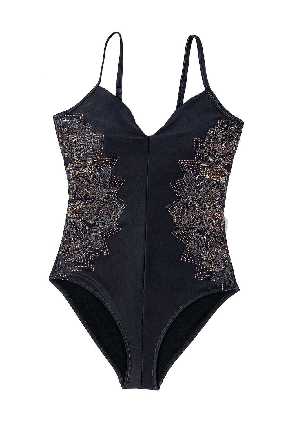 Black Petal Print Crisscross Back Spaghetti Straps Swimsuit