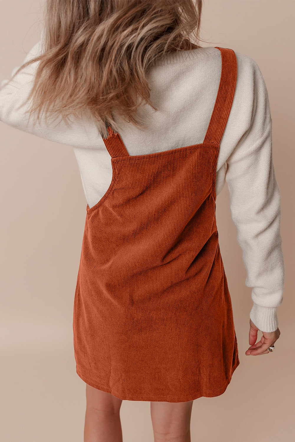 Cinnamon Solid Front Pockets Sleeveless Corduroy Overall Dress