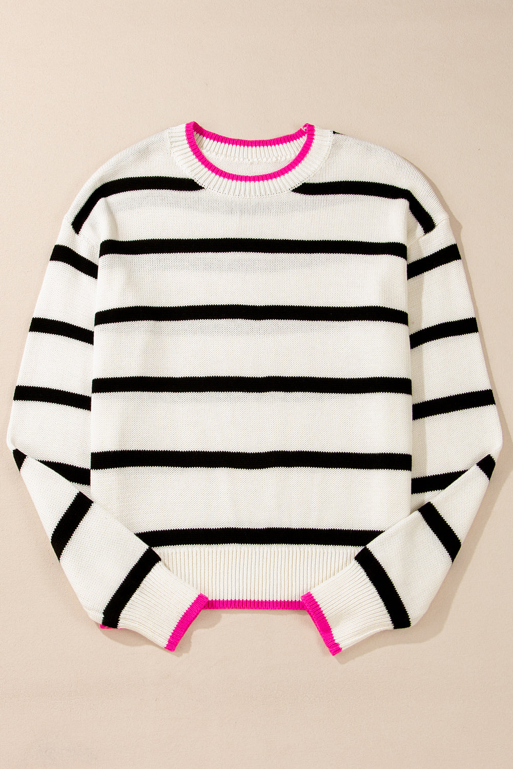 White Stripe Color Contrast Drop Shoulder Crew Neck Sweater