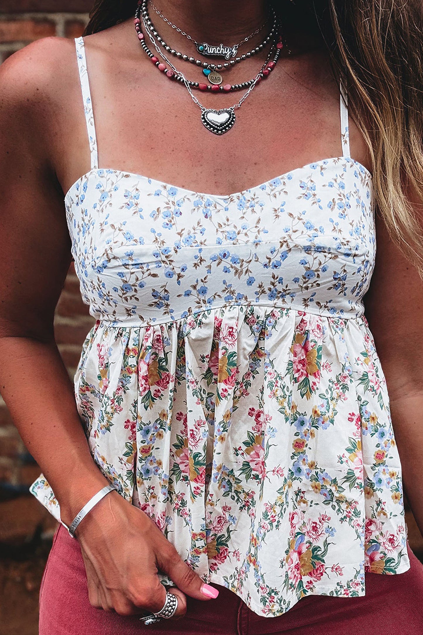 White Contrast Floral Printed Patchwork Spaghetti Straps Babydoll Top