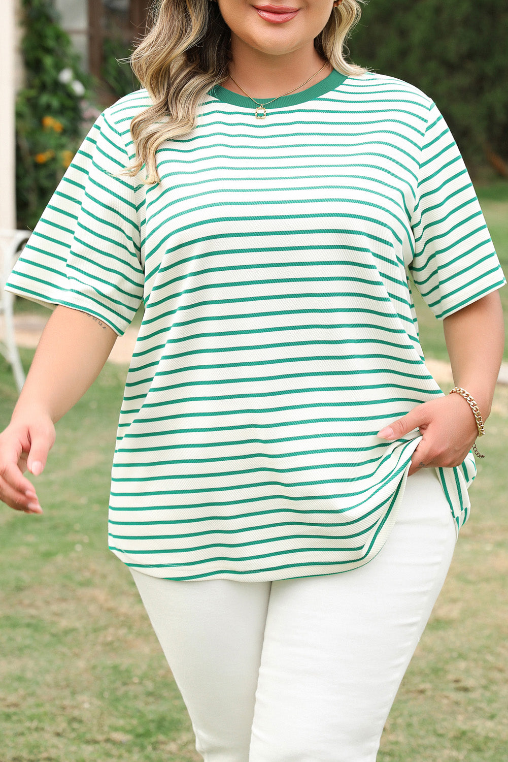 Green Stripe Plus Size Round Neck T Shirt